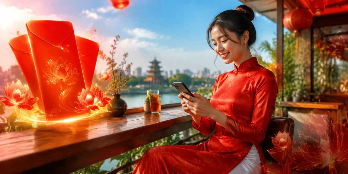 Cô gái mặc áo dài đỏ cầm phong bì may mắn tại Hà Nội
