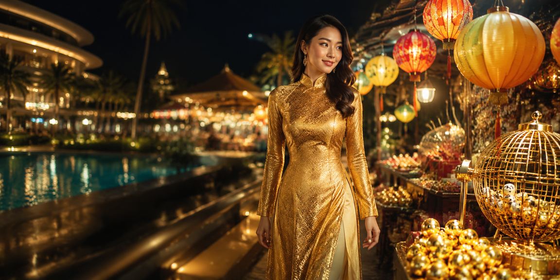 Người phụ nữ mặc áo dài mua vé xổ số tại Nha Trang ven biển